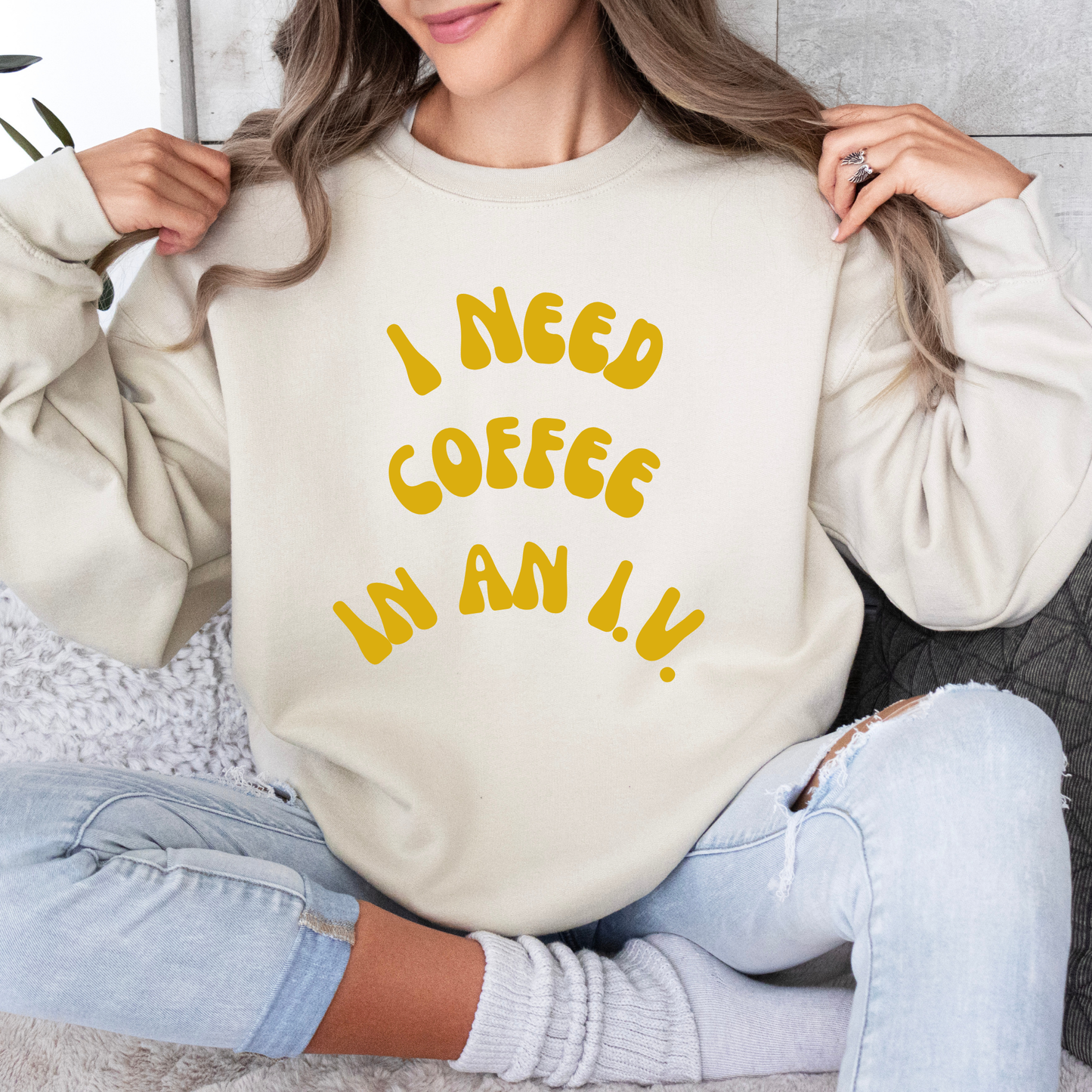 I Need Coffee in an IV Crewneck Sweatshirt-Gilmore Girls Coffee Apparel