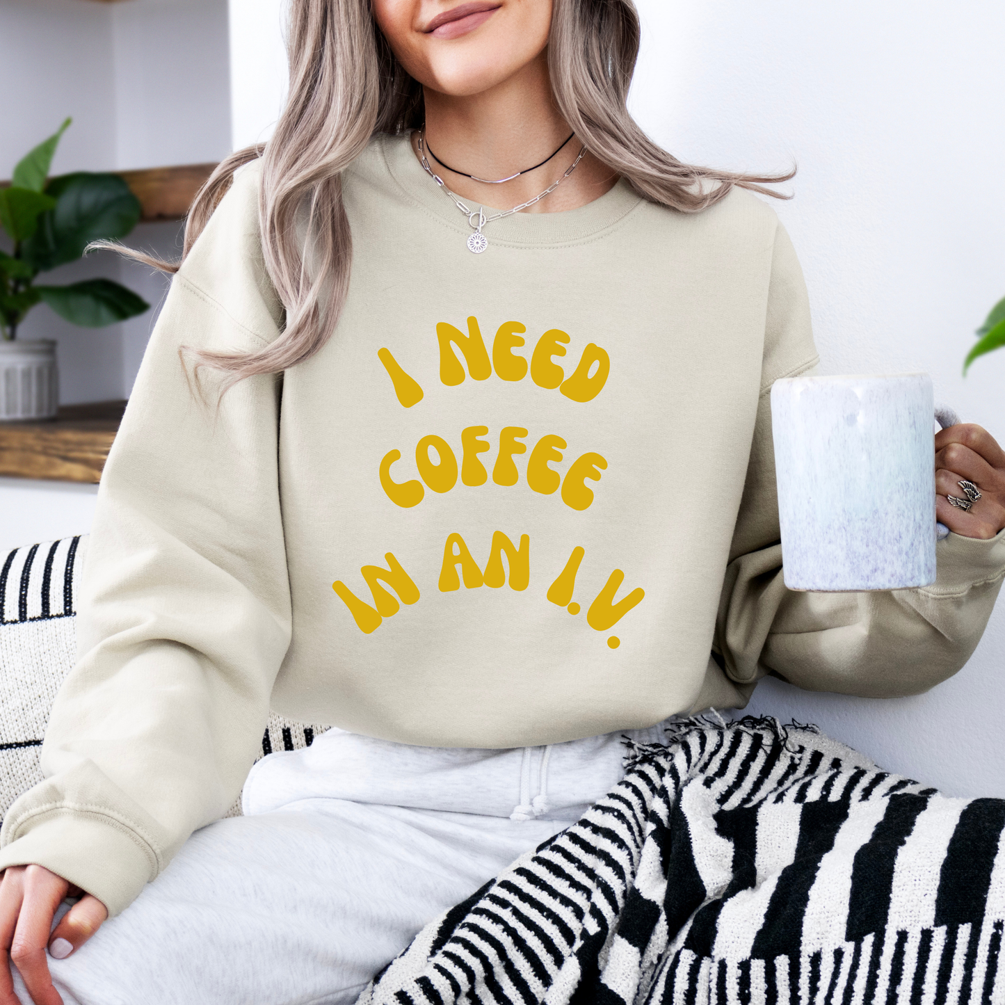 I Need Coffee in an IV Crewneck Sweatshirt-Gilmore Girls Coffee Apparel