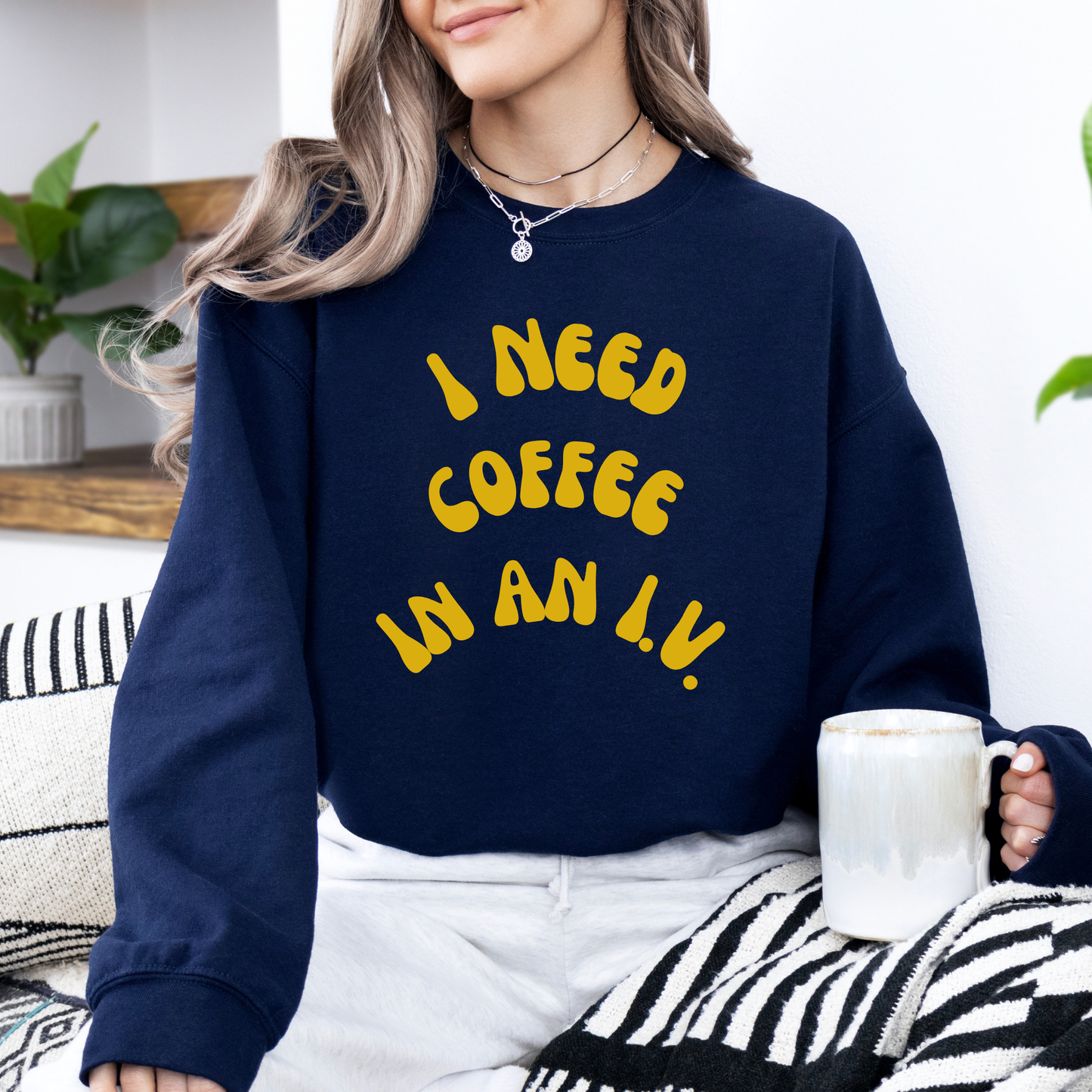 I Need Coffee in an IV Crewneck Sweatshirt-Gilmore Girls Coffee Apparel