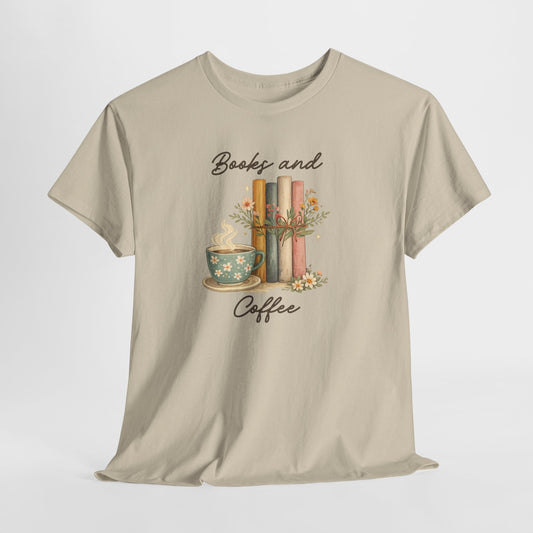Books and Coffee T-Shirt — Cozy Reading Tee with Cup & Stacked Books
