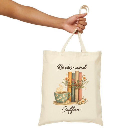 Books and Coffee Canvas Tote Bag — Cozy Floral Booklover Market Bag