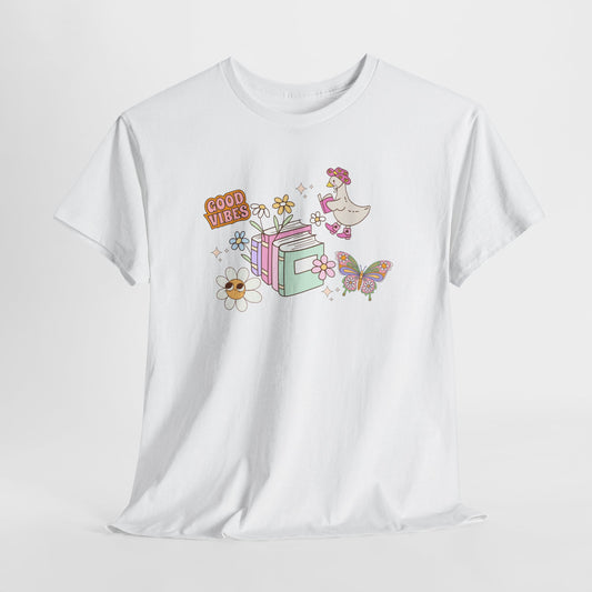 Whimsical Floral Book Lovers T-Shirt ~ Good Vibes Only