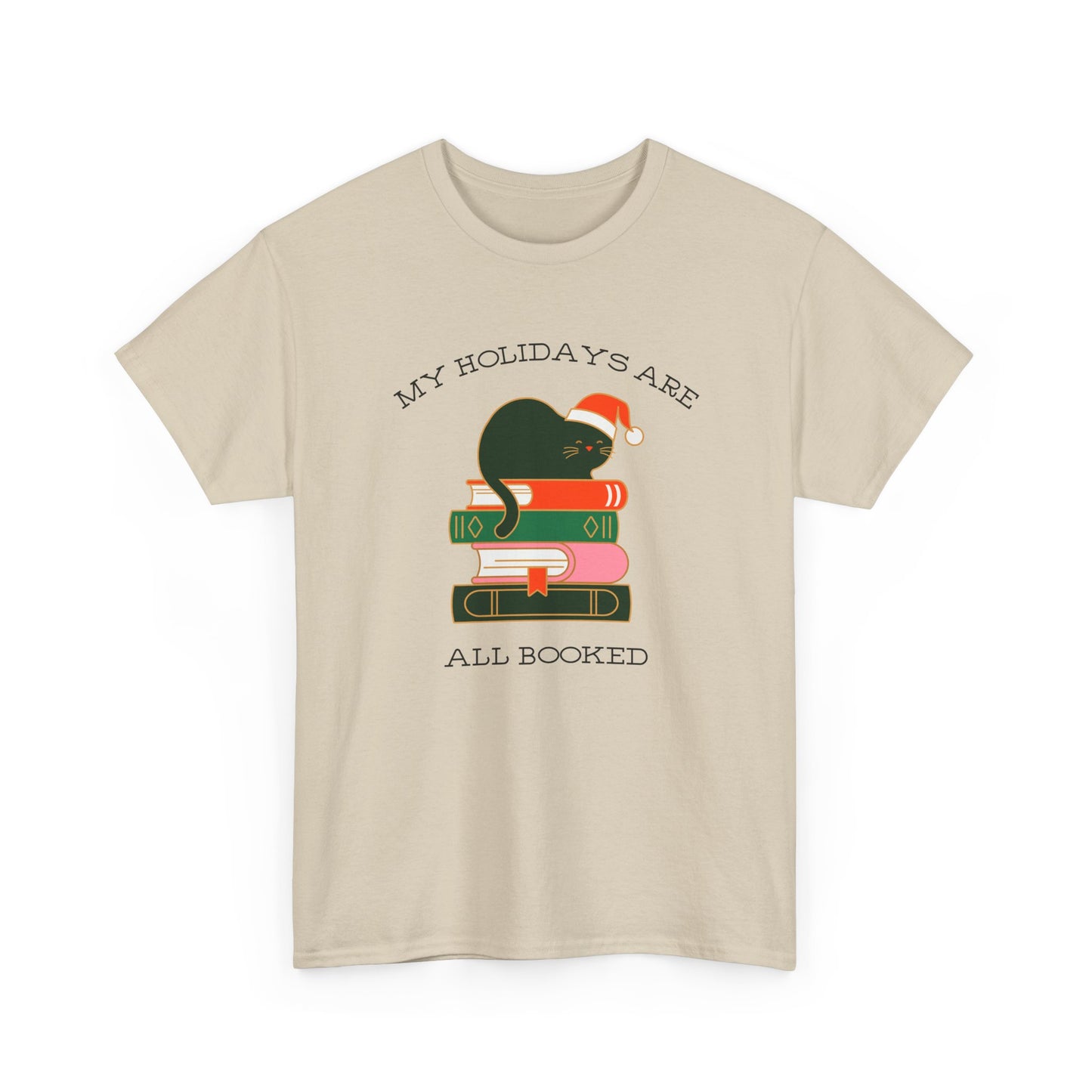 Festive Bookstack Cat Tee- Holiday Book Stack