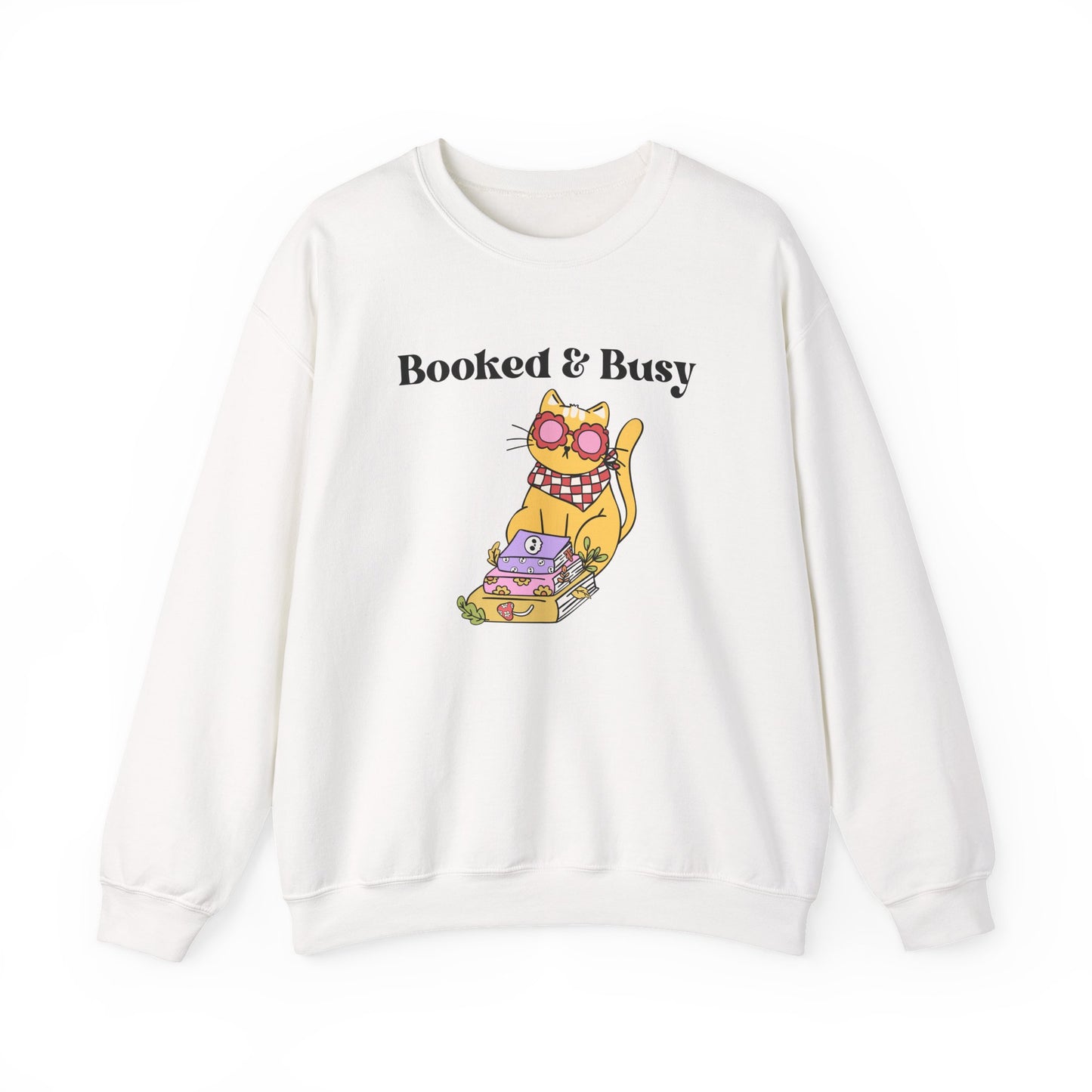 Booked & Busy Cozy Crewneck-Sweatshirt for Book & Cat Lovers