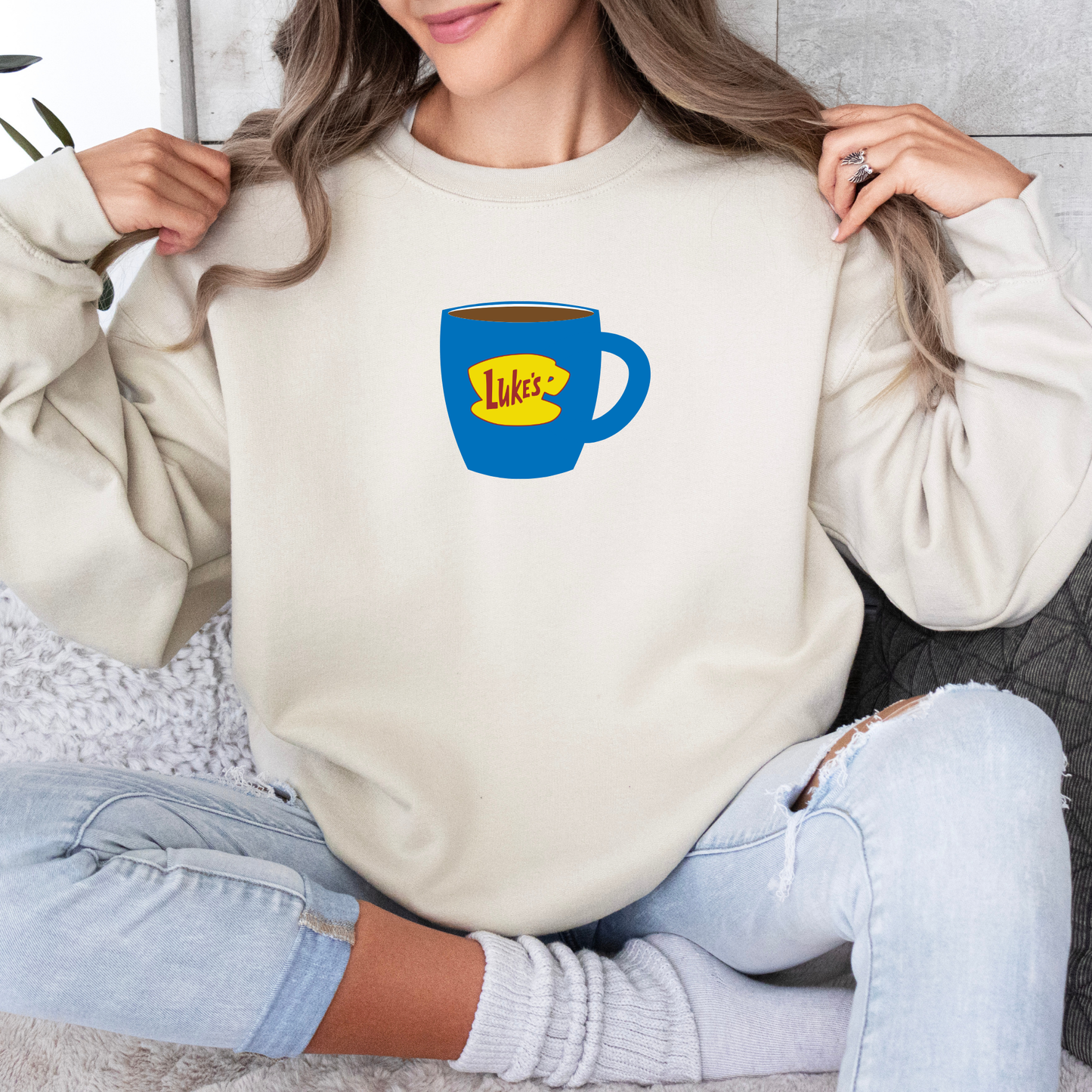 Luke's Blue Coffee Cup Crewneck Sweatshirt-Cozy Gilmore Girls Apparel