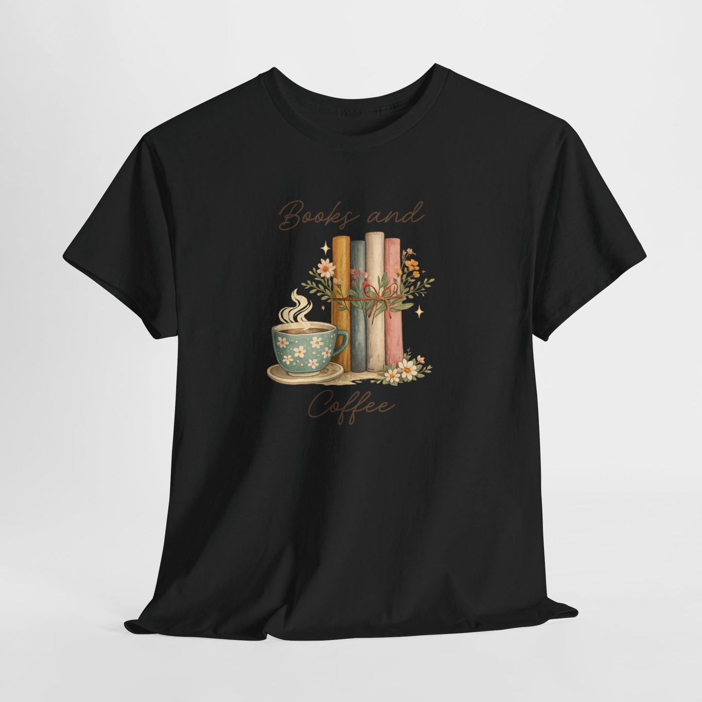 Books and Coffee T-Shirt — Cozy Reading Tee with Cup & Stacked Books