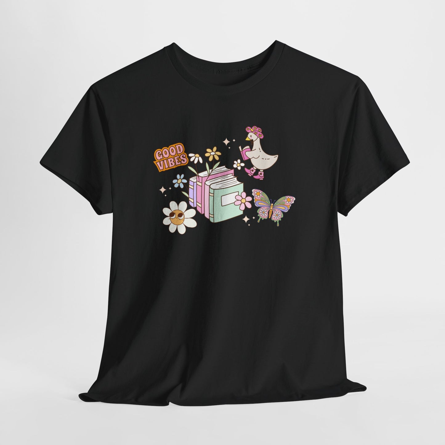 Whimsical Floral Book Lovers T-Shirt ~ Good Vibes Only