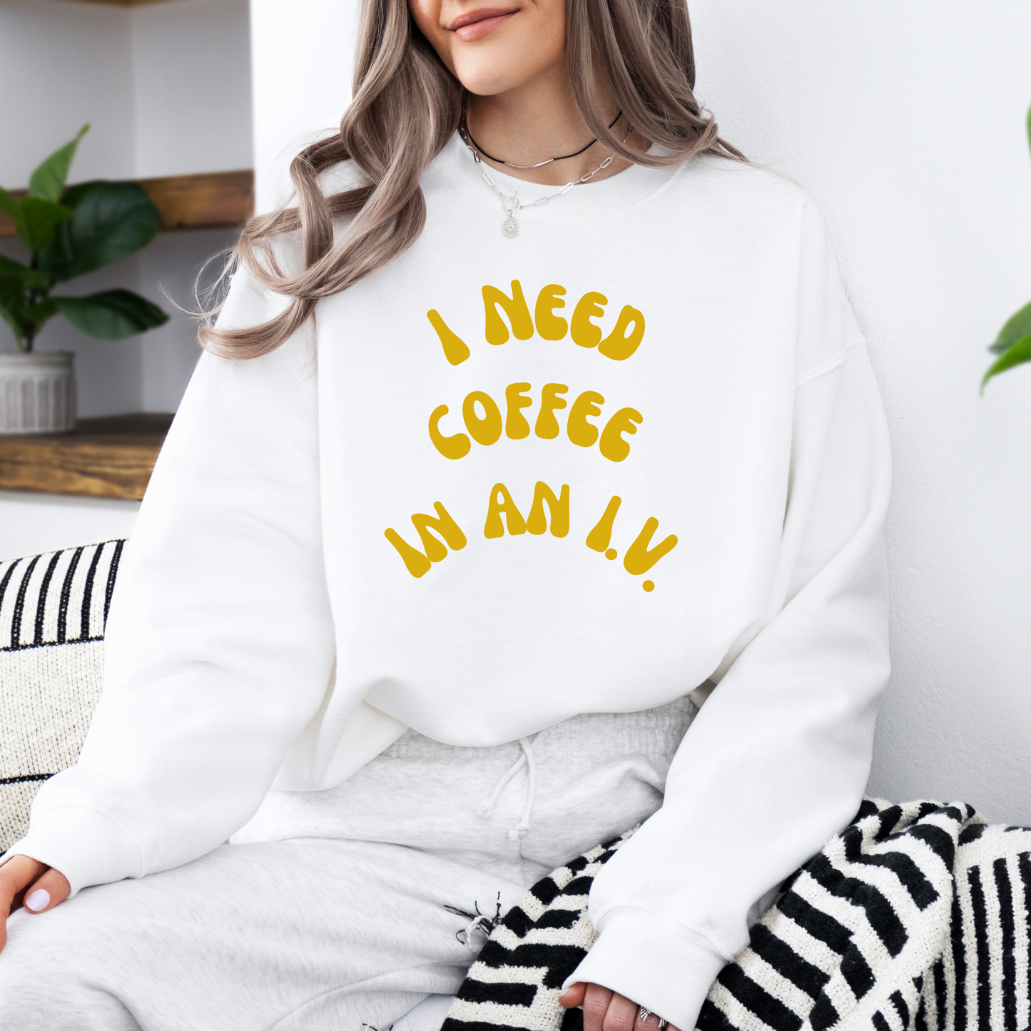I Need Coffee in an IV Crewneck Sweatshirt-Gilmore Girls Coffee Apparel