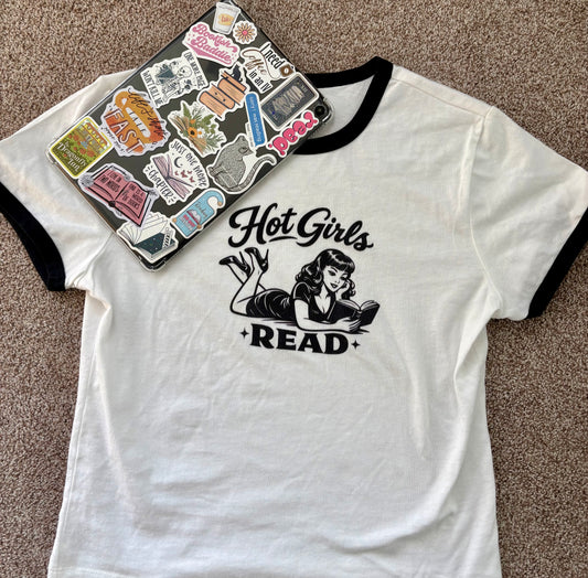 Hot Girls Read Retro Ringer Tee — Vintage Pinup Book Lover Shirt