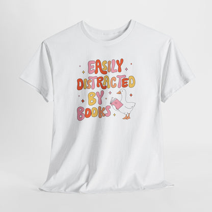 Book Lover T-Shirt — “Easily Distracted By Books” Cute Duck Reading Tee