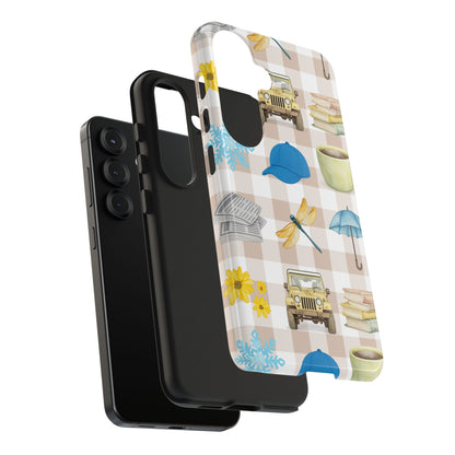 Floral Plaid Tough Phone Case — Coffee, Jeep & Cozy Icons Protective Cover