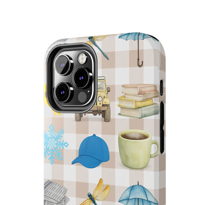 Floral Plaid Tough Phone Case — Coffee, Jeep & Cozy Icons Protective Cover