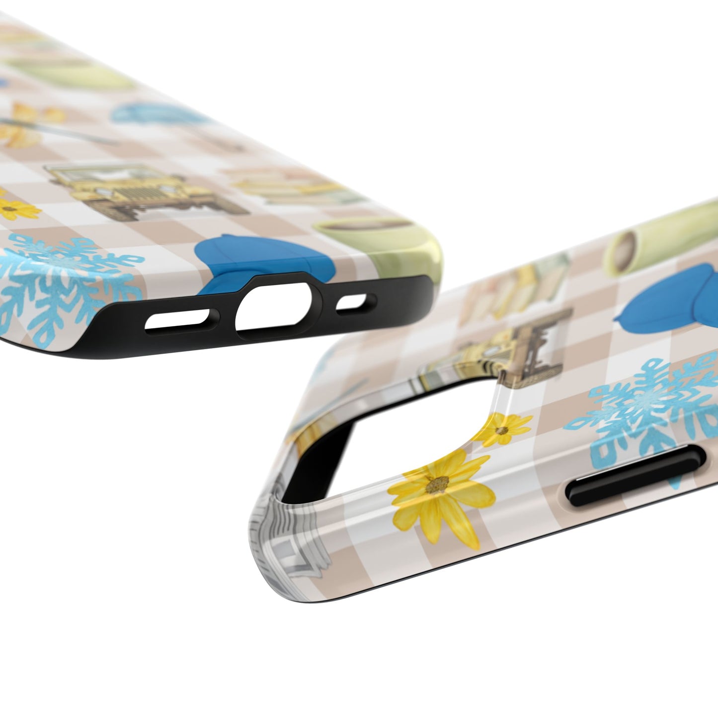 Floral Plaid Tough Phone Case — Coffee, Jeep & Cozy Icons Protective Cover