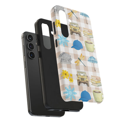 Floral Plaid Tough Phone Case — Coffee, Jeep & Cozy Icons Protective Cover