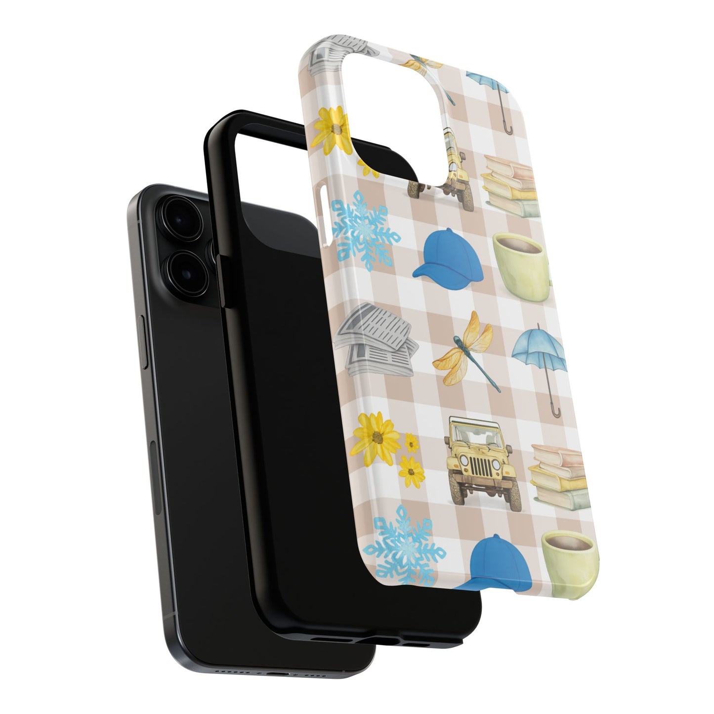 Floral Plaid Tough Phone Case — Coffee, Jeep & Cozy Icons Protective Cover