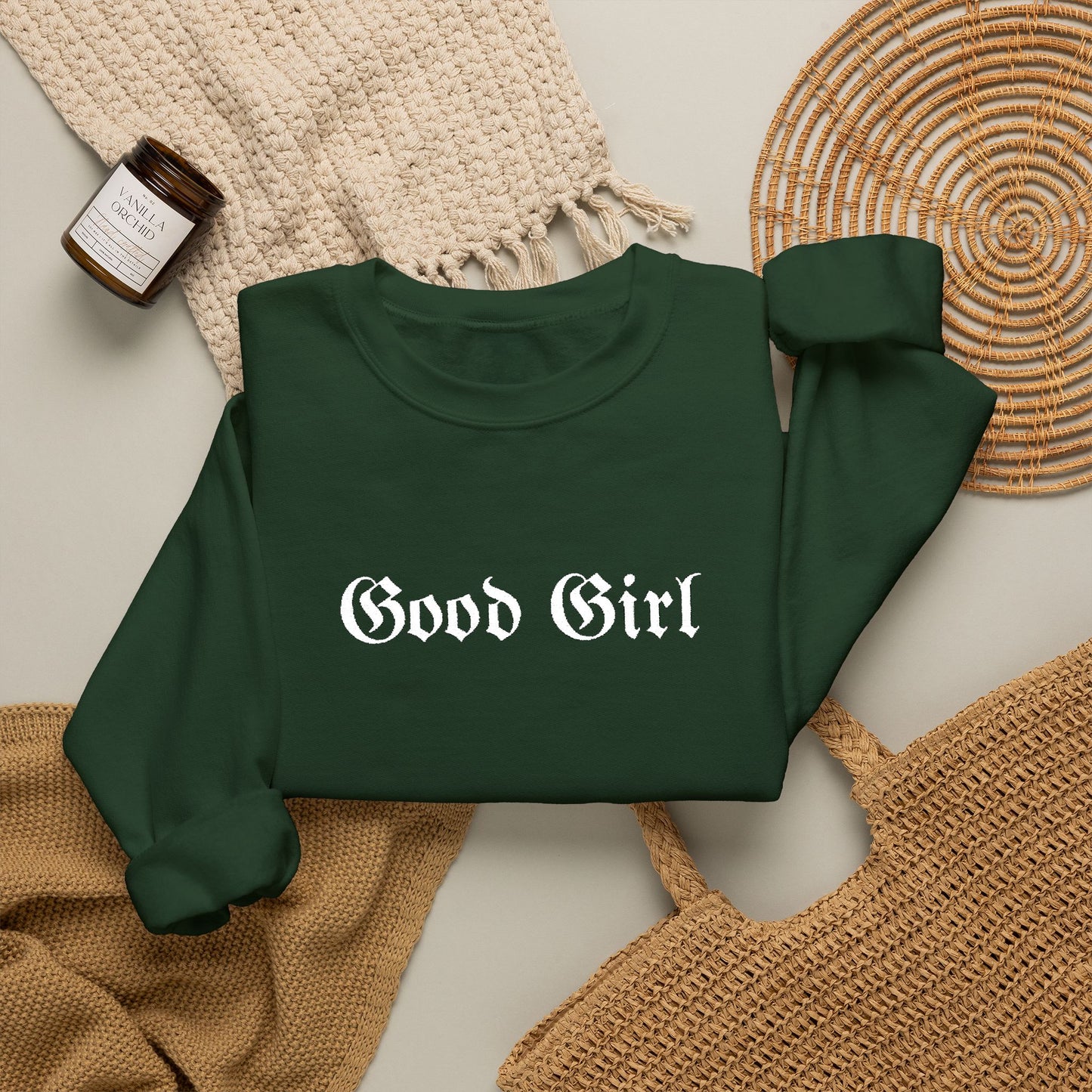 Good Girl Embroidered Crewneck Sweatshirt-White Font