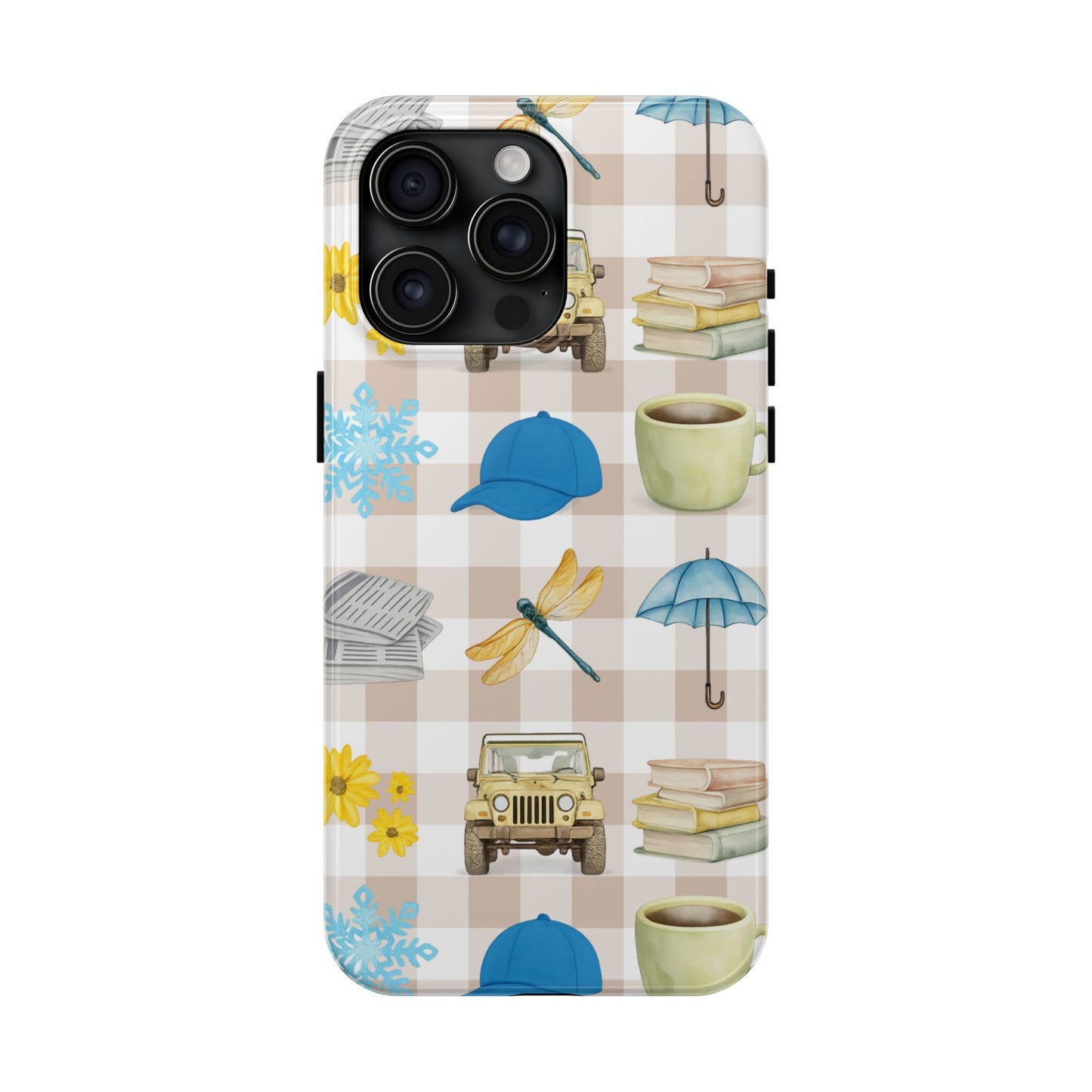 Floral Plaid Tough Phone Case — Coffee, Jeep & Cozy Icons Protective Cover