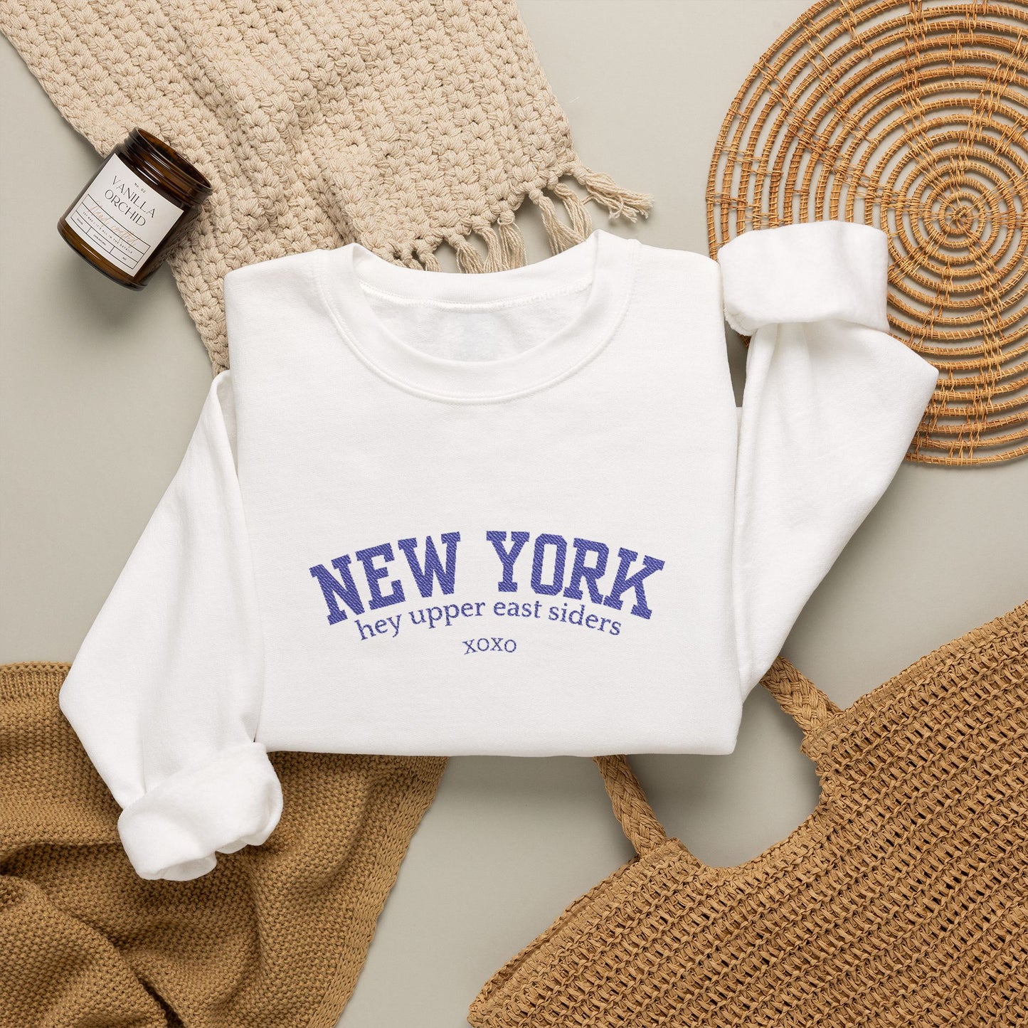 New York Upper East Side Embroidered Crewneck Sweatshirt-Blue Font