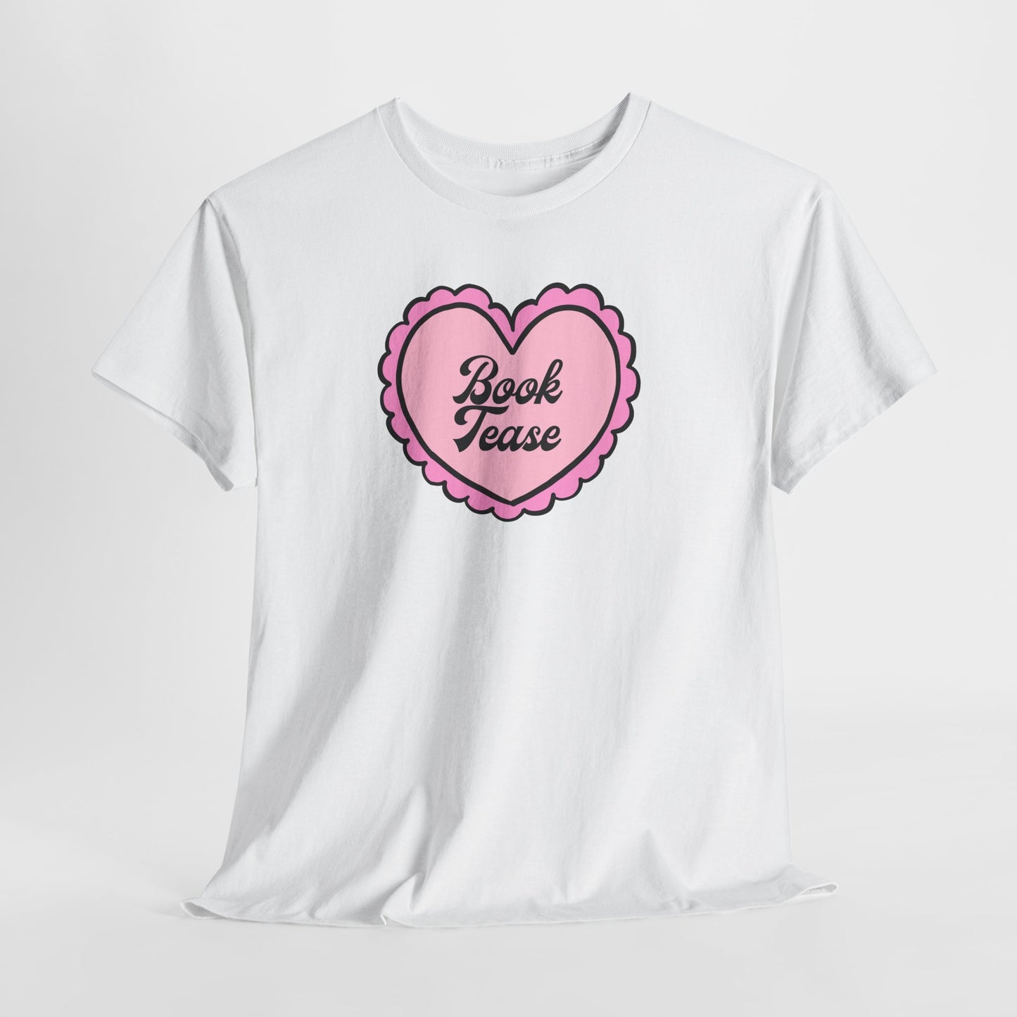 Book Tease Heart T‑Shirt — Pink Vintage Candy Heart Reader Tee