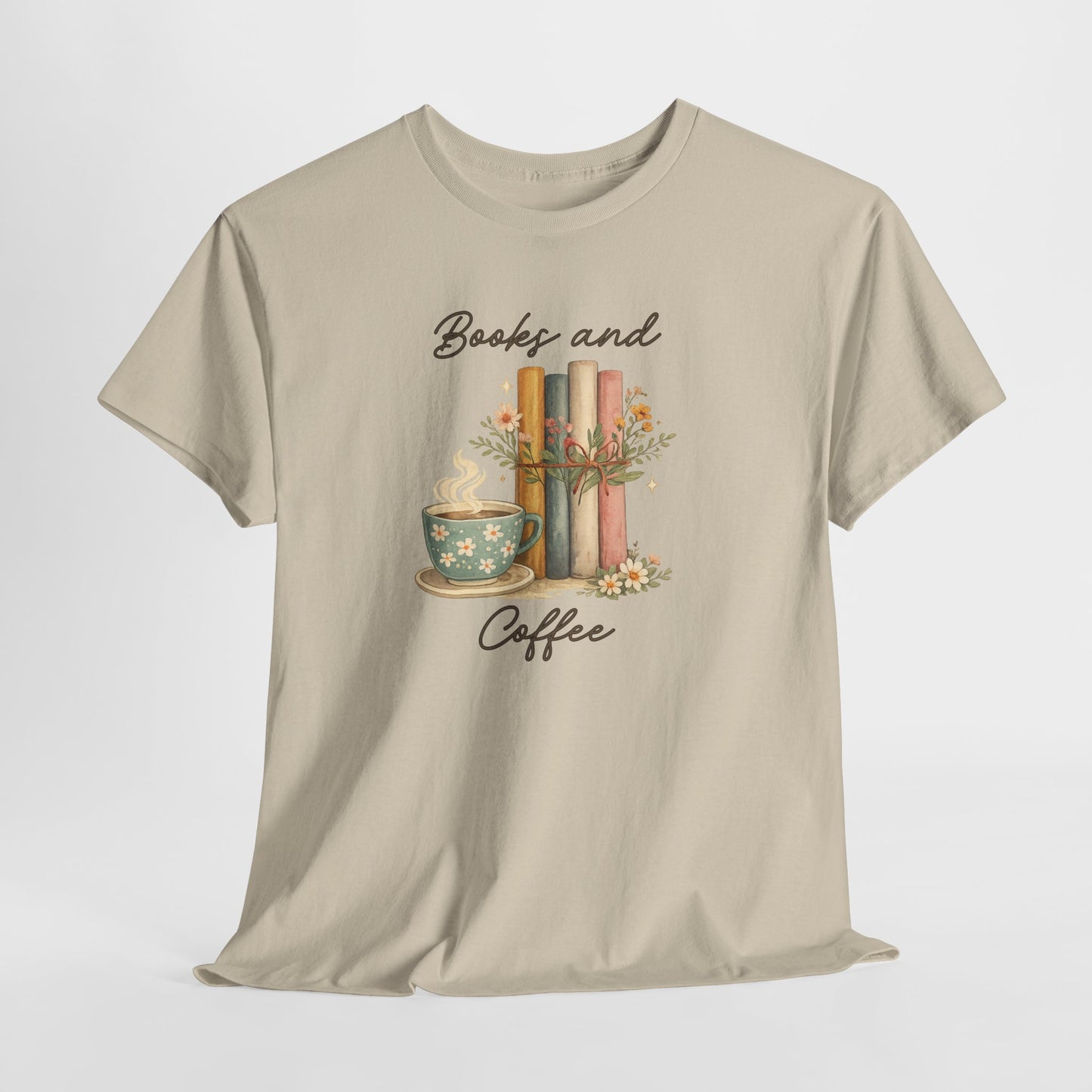 Books and Coffee T-Shirt — Cozy Reading Tee with Cup & Stacked Books