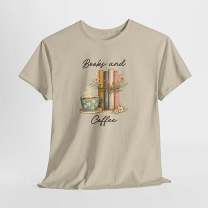 Books and Coffee T-Shirt — Cozy Reading Tee with Cup & Stacked Books