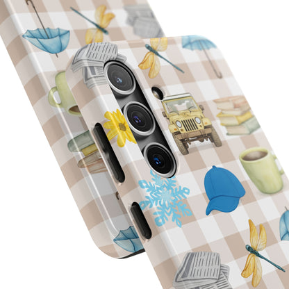 Floral Plaid Tough Phone Case — Coffee, Jeep & Cozy Icons Protective Cover