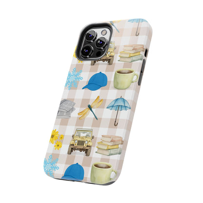 Floral Plaid Tough Phone Case — Coffee, Jeep & Cozy Icons Protective Cover