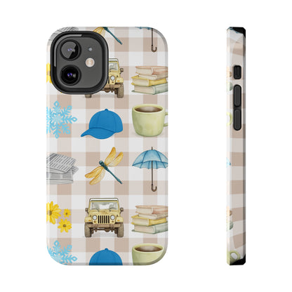 Floral Plaid Tough Phone Case — Coffee, Jeep & Cozy Icons Protective Cover