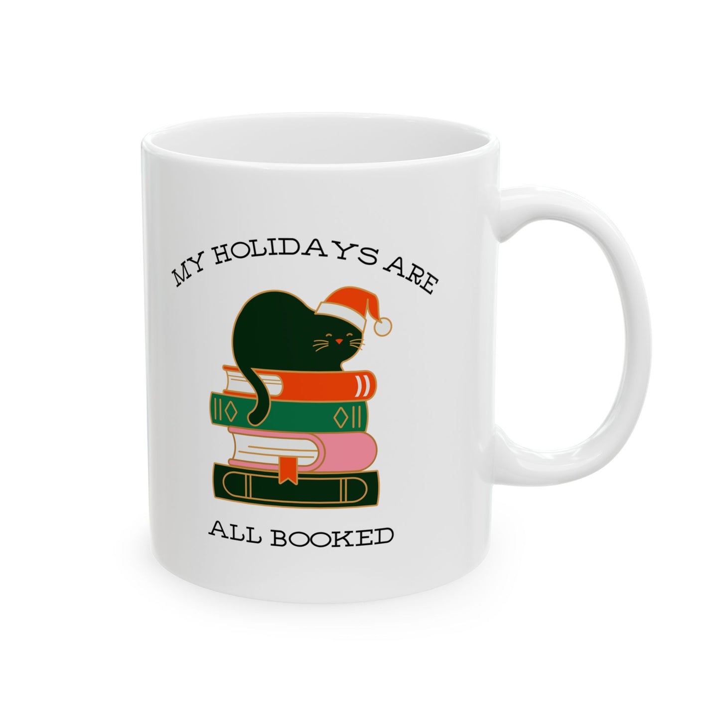 Holiday Bookstack Cat Mug-Cute Literary Coffee Mug