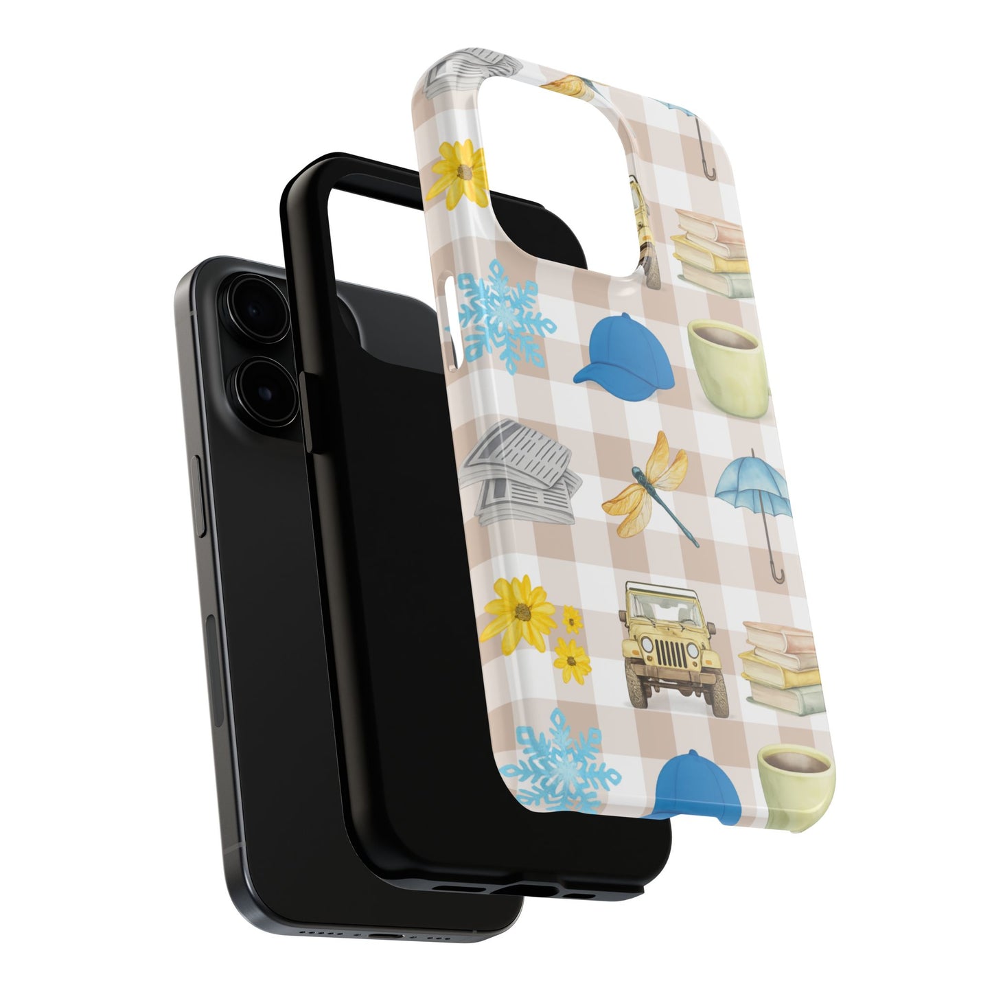 Floral Plaid Tough Phone Case — Coffee, Jeep & Cozy Icons Protective Cover