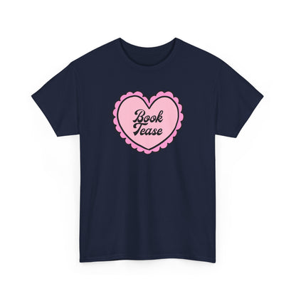 Book Tease Heart T‑Shirt — Pink Vintage Candy Heart Reader Tee