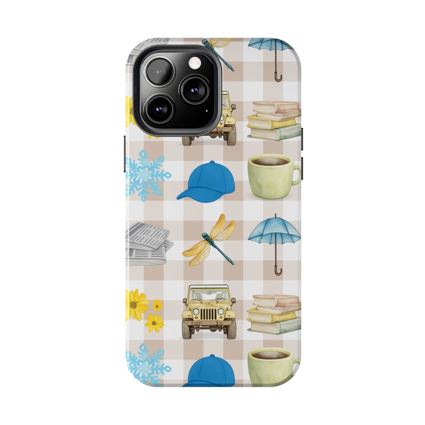 Floral Plaid Tough Phone Case — Coffee, Jeep & Cozy Icons Protective Cover
