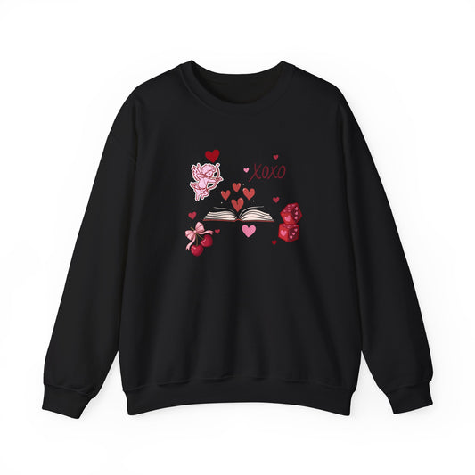 Crewneck Sweatshirt — XOXO Valentine Book & Hearts Graphic
