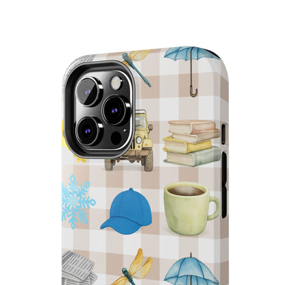 Floral Plaid Tough Phone Case — Coffee, Jeep & Cozy Icons Protective Cover