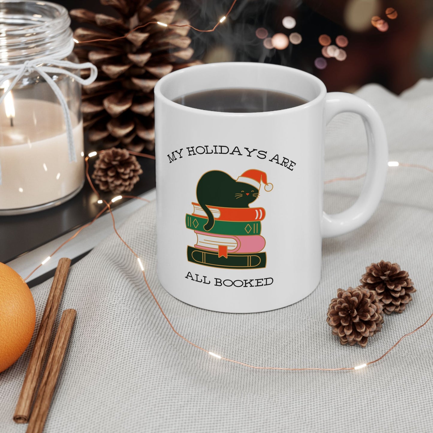 Holiday Bookstack Cat Mug-Cute Literary Coffee Mug