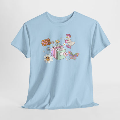 Whimsical Floral Book Lovers T-Shirt ~ Good Vibes Only