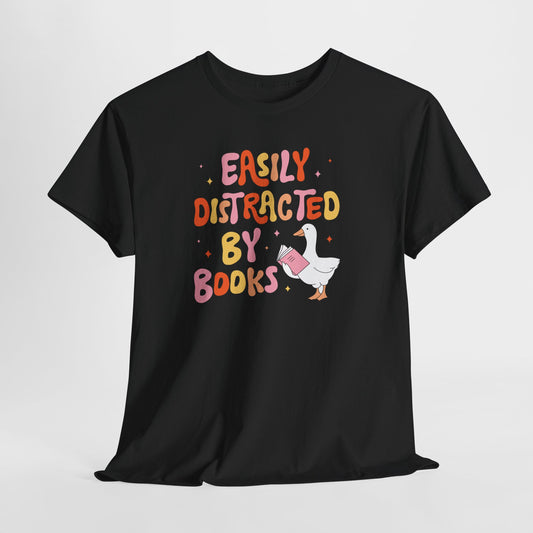 Book Lover T-Shirt — “Easily Distracted By Books” Cute Duck Reading Tee