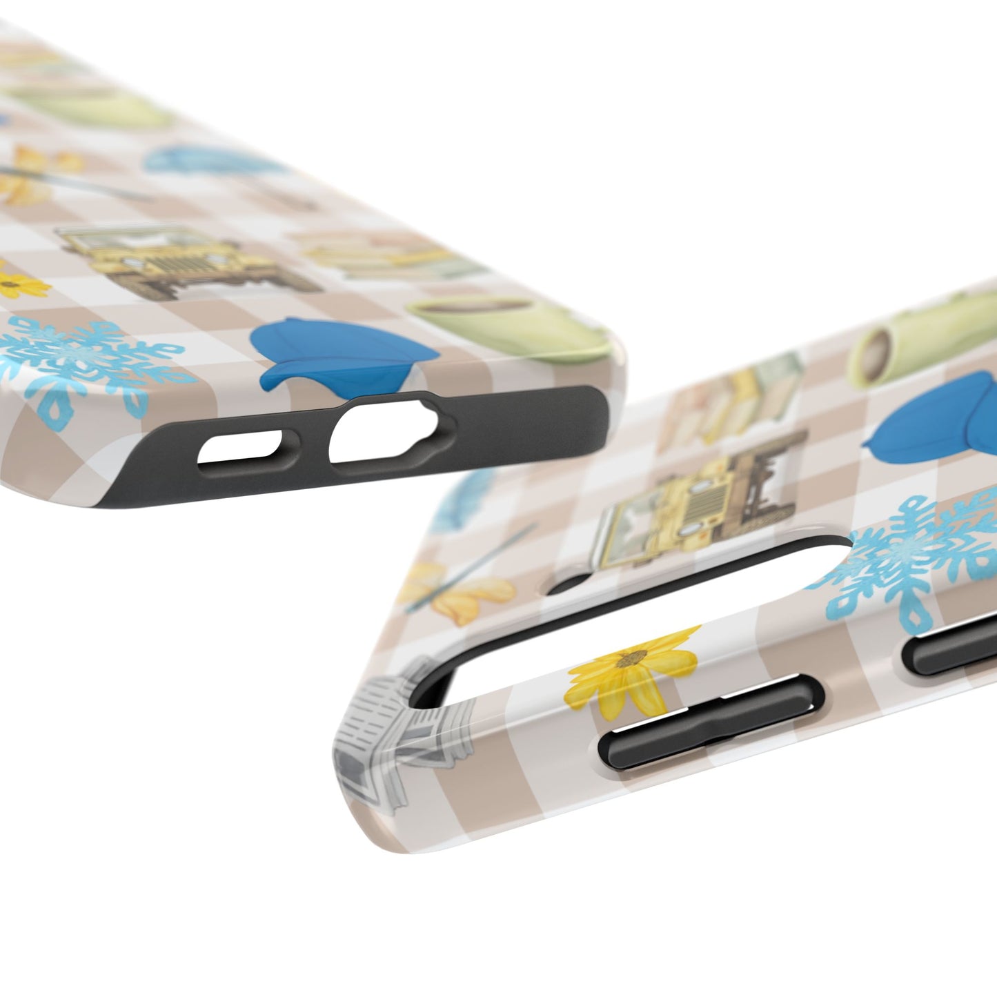 Floral Plaid Tough Phone Case — Coffee, Jeep & Cozy Icons Protective Cover