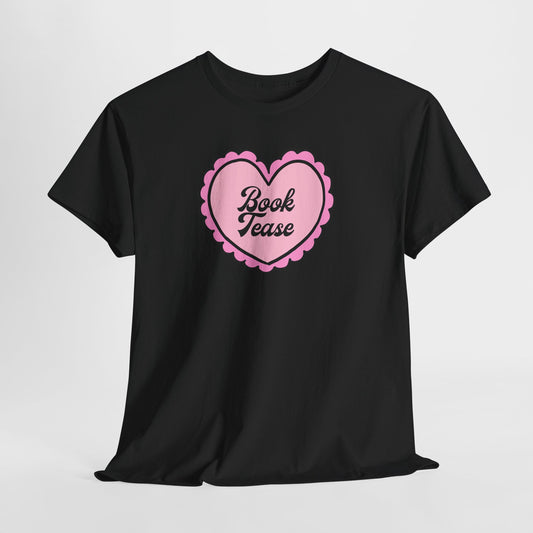 Book Tease Heart T‑Shirt — Pink Vintage Candy Heart Reader Tee