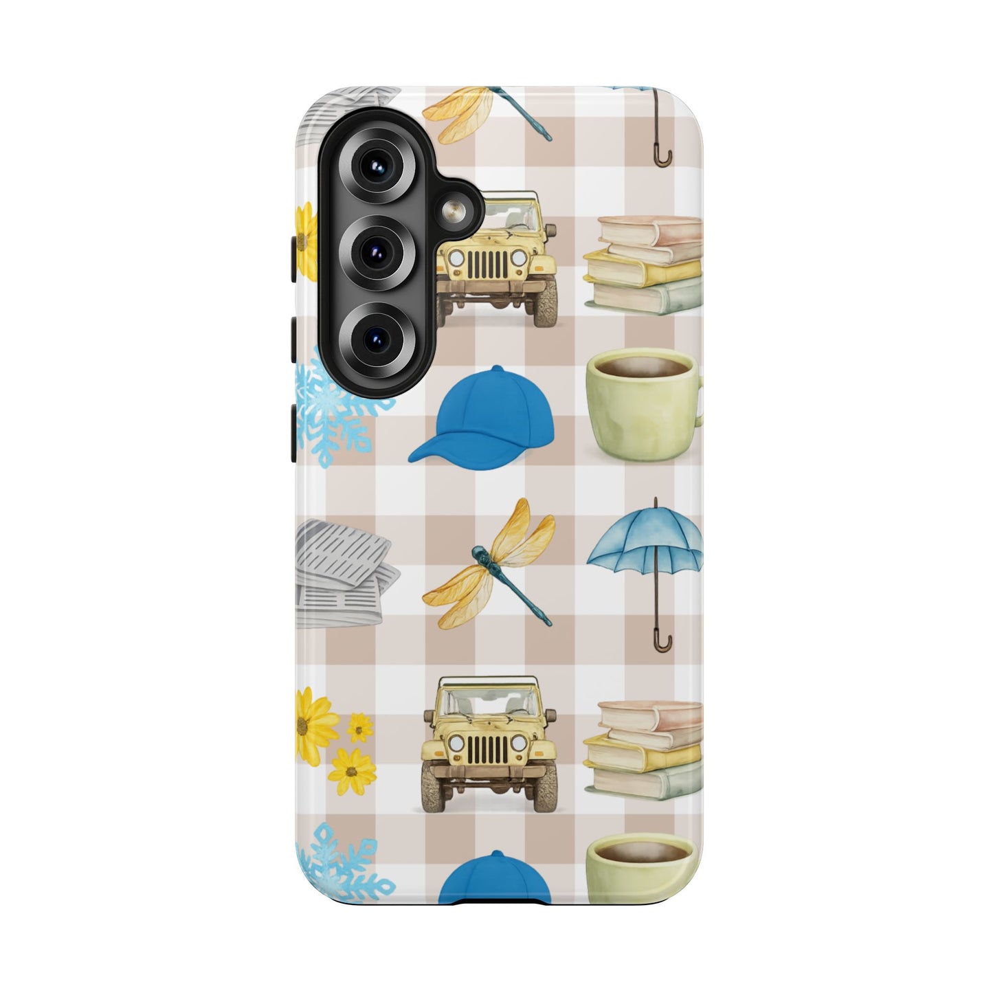 Floral Plaid Tough Phone Case — Coffee, Jeep & Cozy Icons Protective Cover