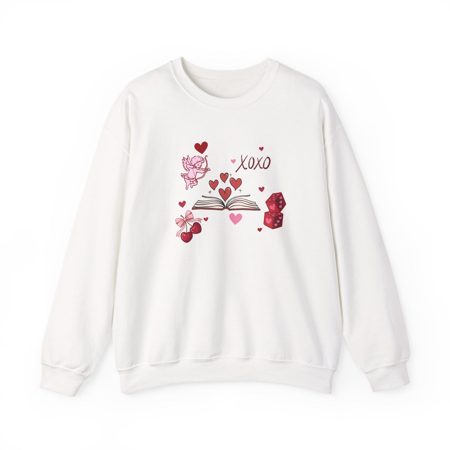 Crewneck Sweatshirt — XOXO Valentine Book & Hearts Graphic