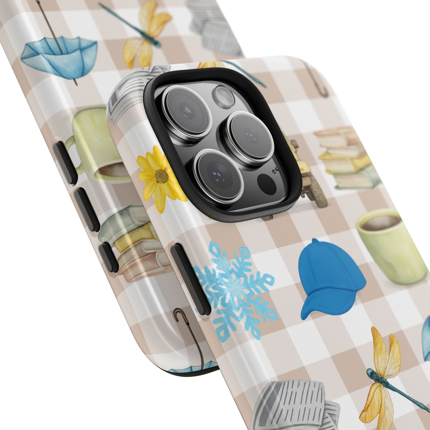Floral Plaid Tough Phone Case — Coffee, Jeep & Cozy Icons Protective Cover