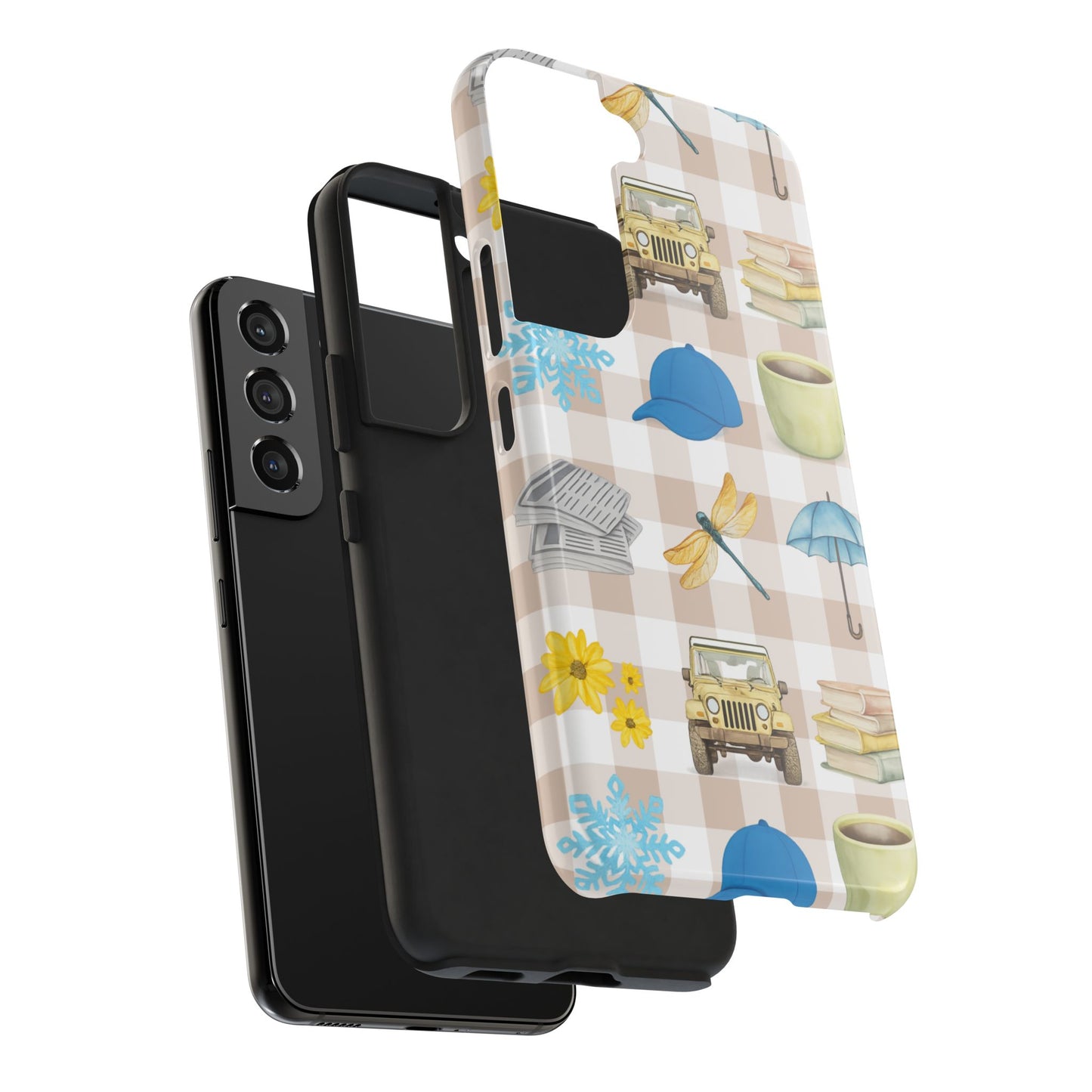 Floral Plaid Tough Phone Case — Coffee, Jeep & Cozy Icons Protective Cover