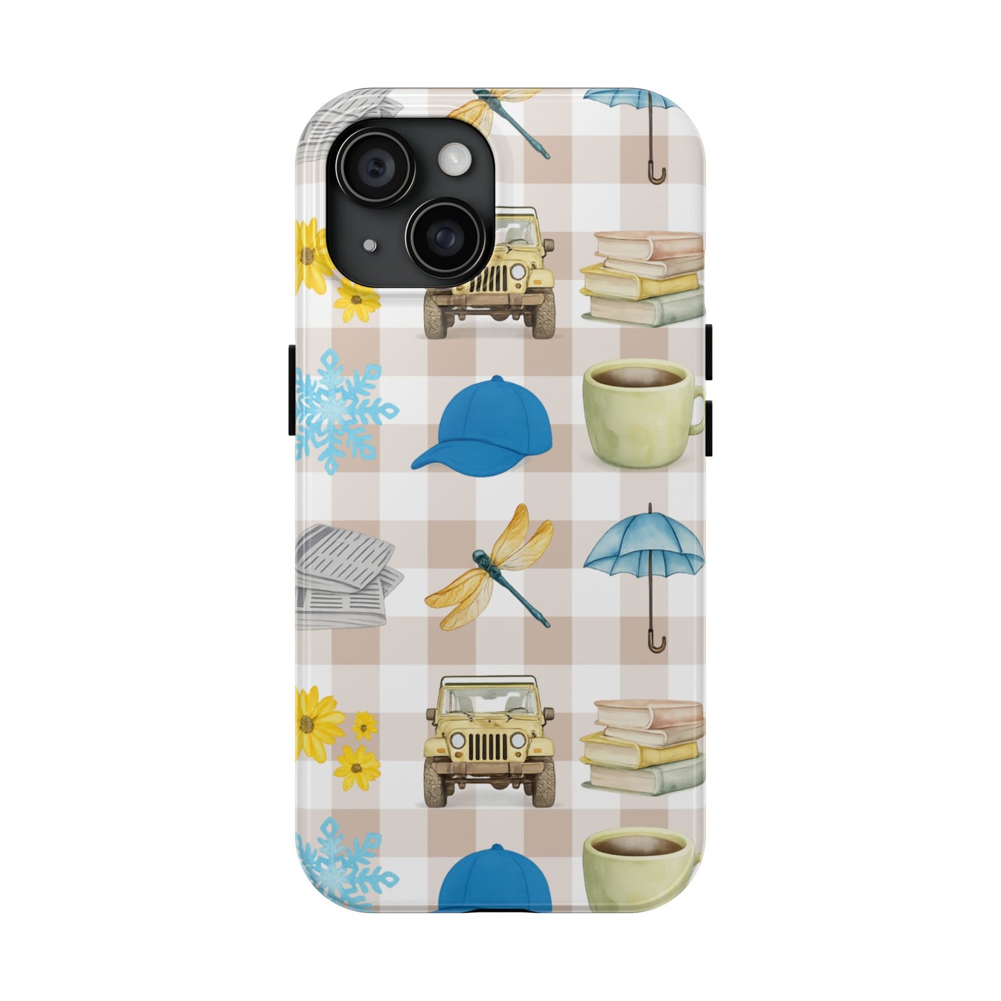 Floral Plaid Tough Phone Case — Coffee, Jeep & Cozy Icons Protective Cover