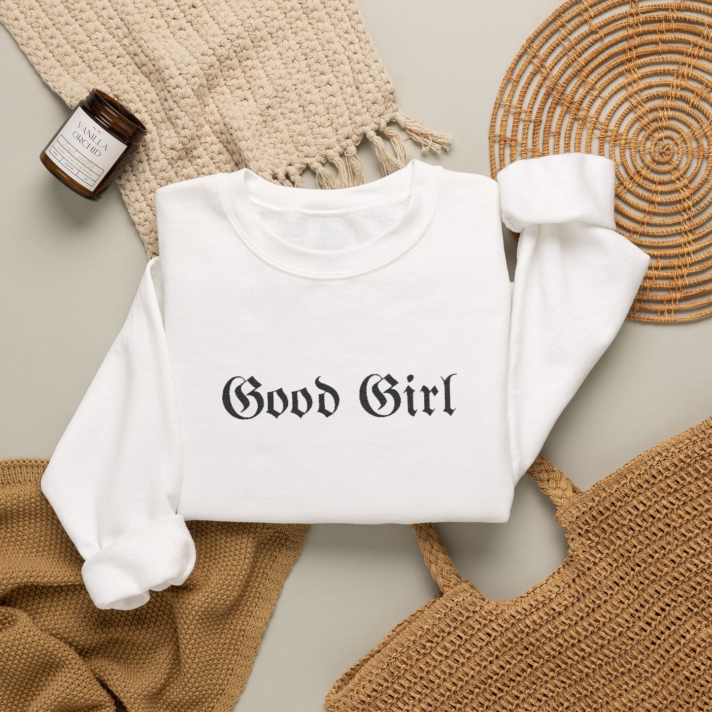 Good Girl Embroidered Crewneck Sweatshirt-Black Font