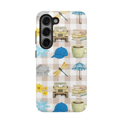 Floral Plaid Tough Phone Case — Coffee, Jeep & Cozy Icons Protective Cover