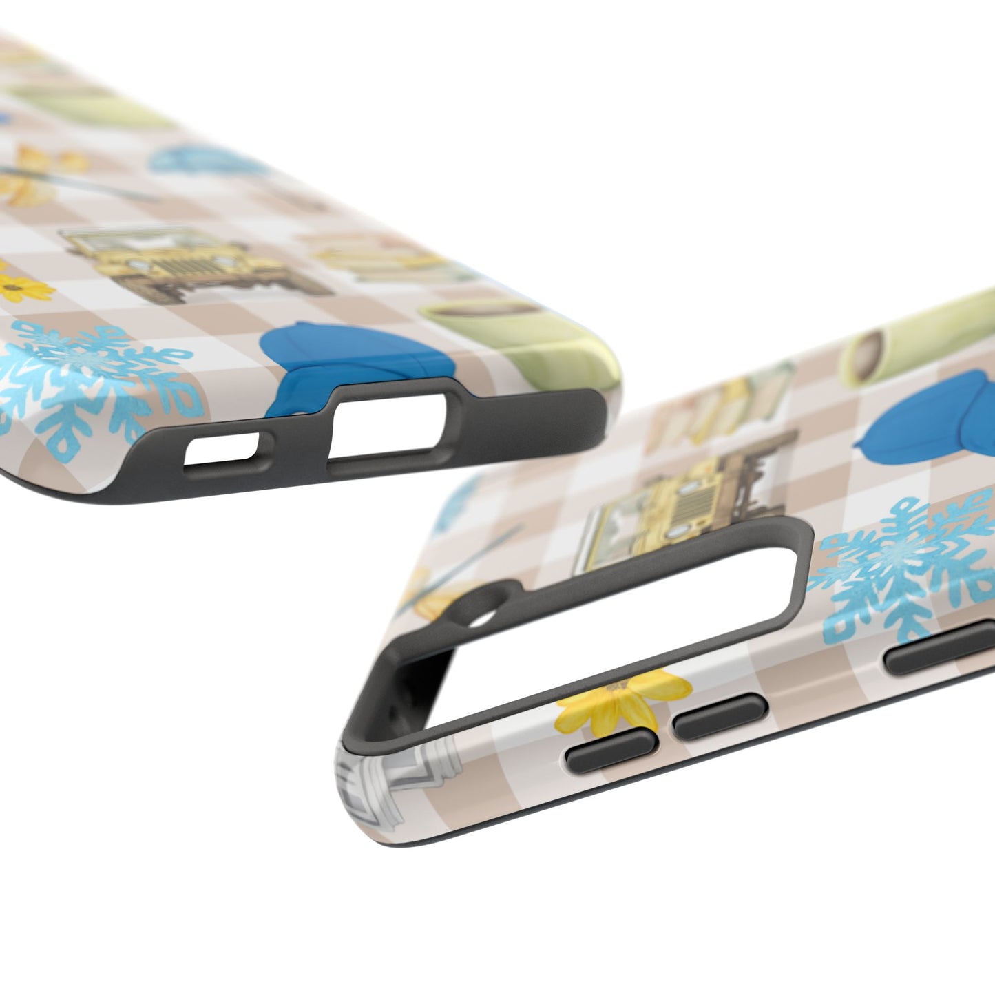 Floral Plaid Tough Phone Case — Coffee, Jeep & Cozy Icons Protective Cover