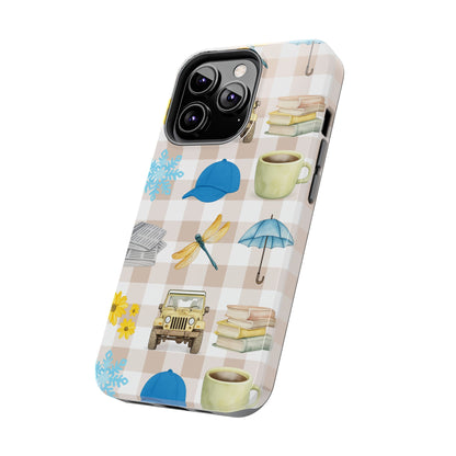 Floral Plaid Tough Phone Case — Coffee, Jeep & Cozy Icons Protective Cover