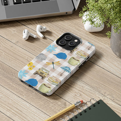Floral Plaid Tough Phone Case — Coffee, Jeep & Cozy Icons Protective Cover