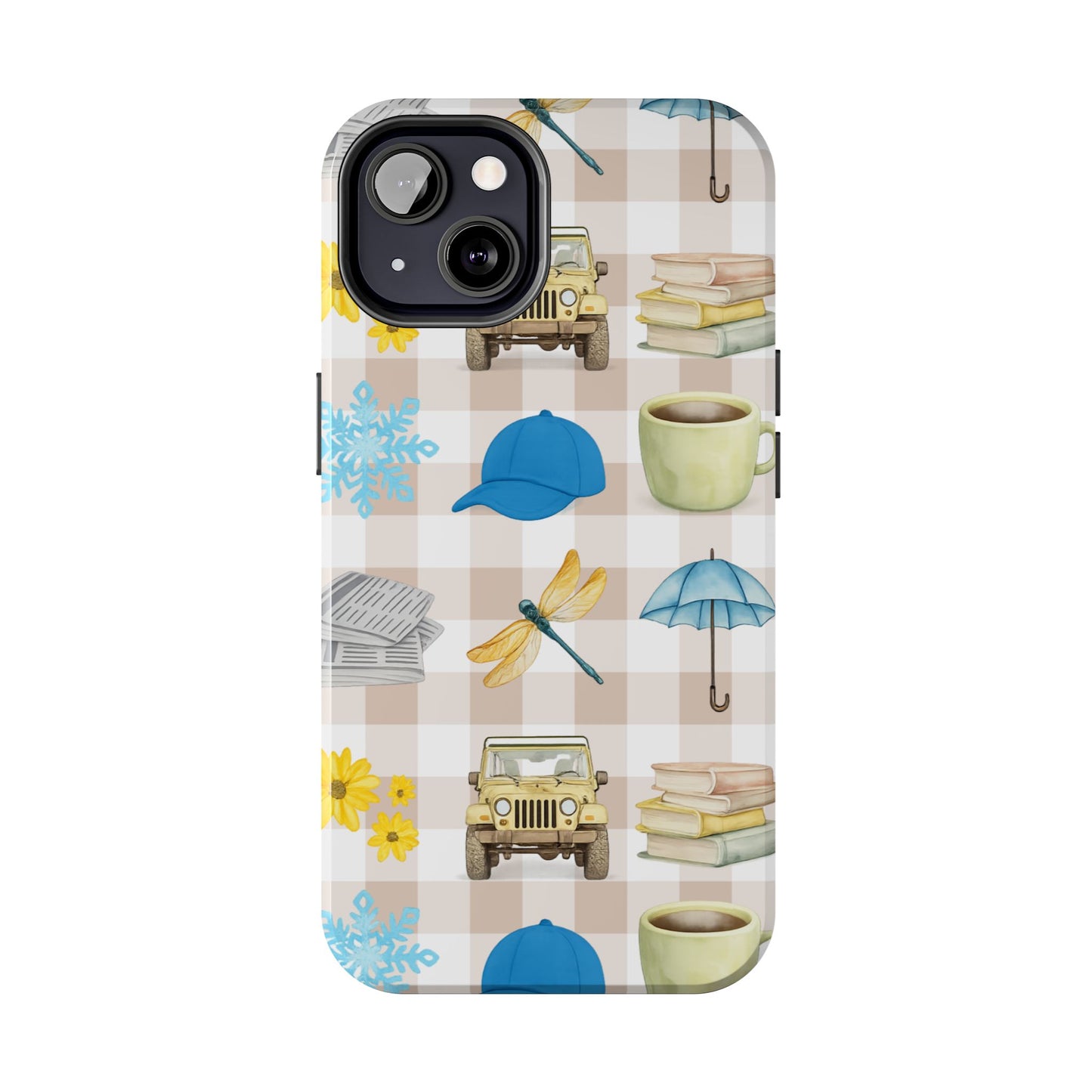 Floral Plaid Tough Phone Case — Coffee, Jeep & Cozy Icons Protective Cover